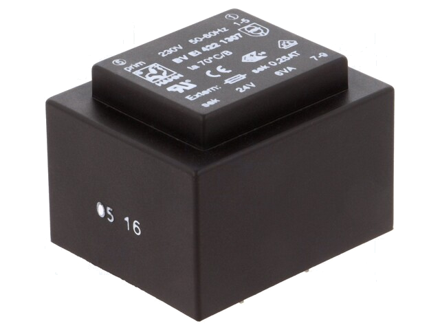 Transformator: ingegoten; 6VA; 230VAC; 24V; 250mA; PCB; BVEI Transformator: ingegoten; 6VA; 230VAC; 24V; 250mA; PCB; BVEI